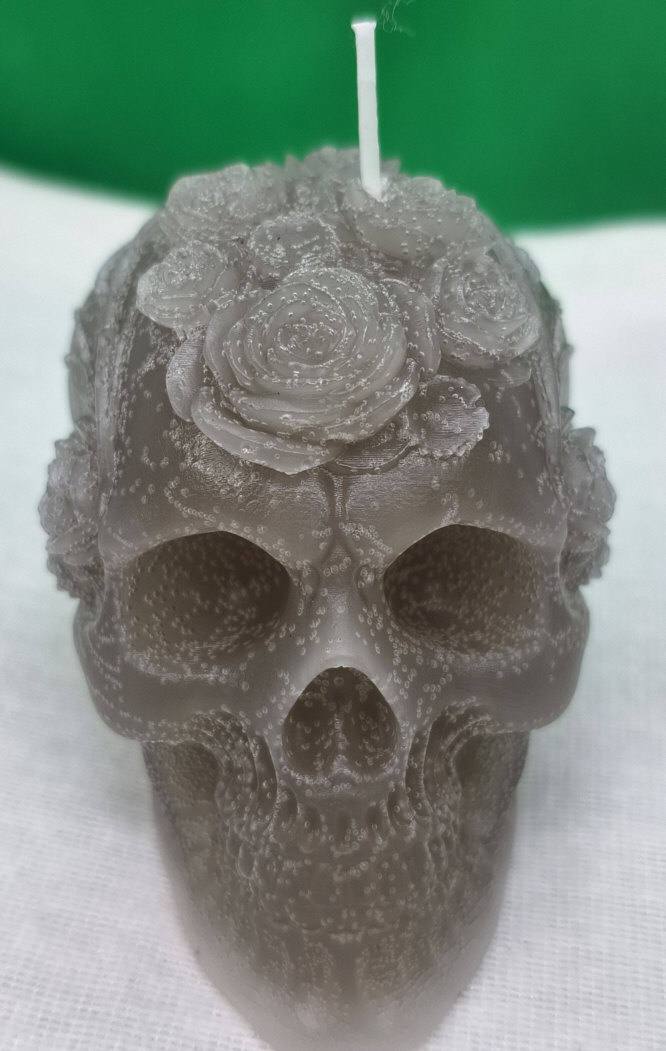 Veladora CalaVera Cara con Rosas Color Tonos Grises Para Proteccion_B