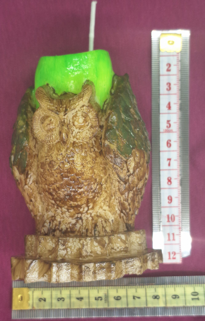 Veladora de Buho Para Solicitar Consejo Guia Inspiracion y Tomar decisiones Recibir Sabiduria Pintado a mano tonos varios verdes cafe_B